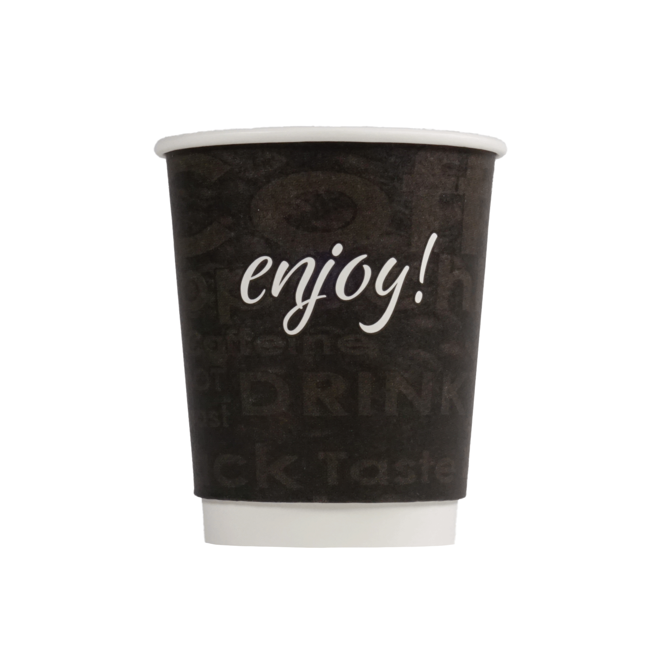 Take Away dubbelvägg pappersmugg Enjoy! 23 cl, Svart med dryckesmotiv
