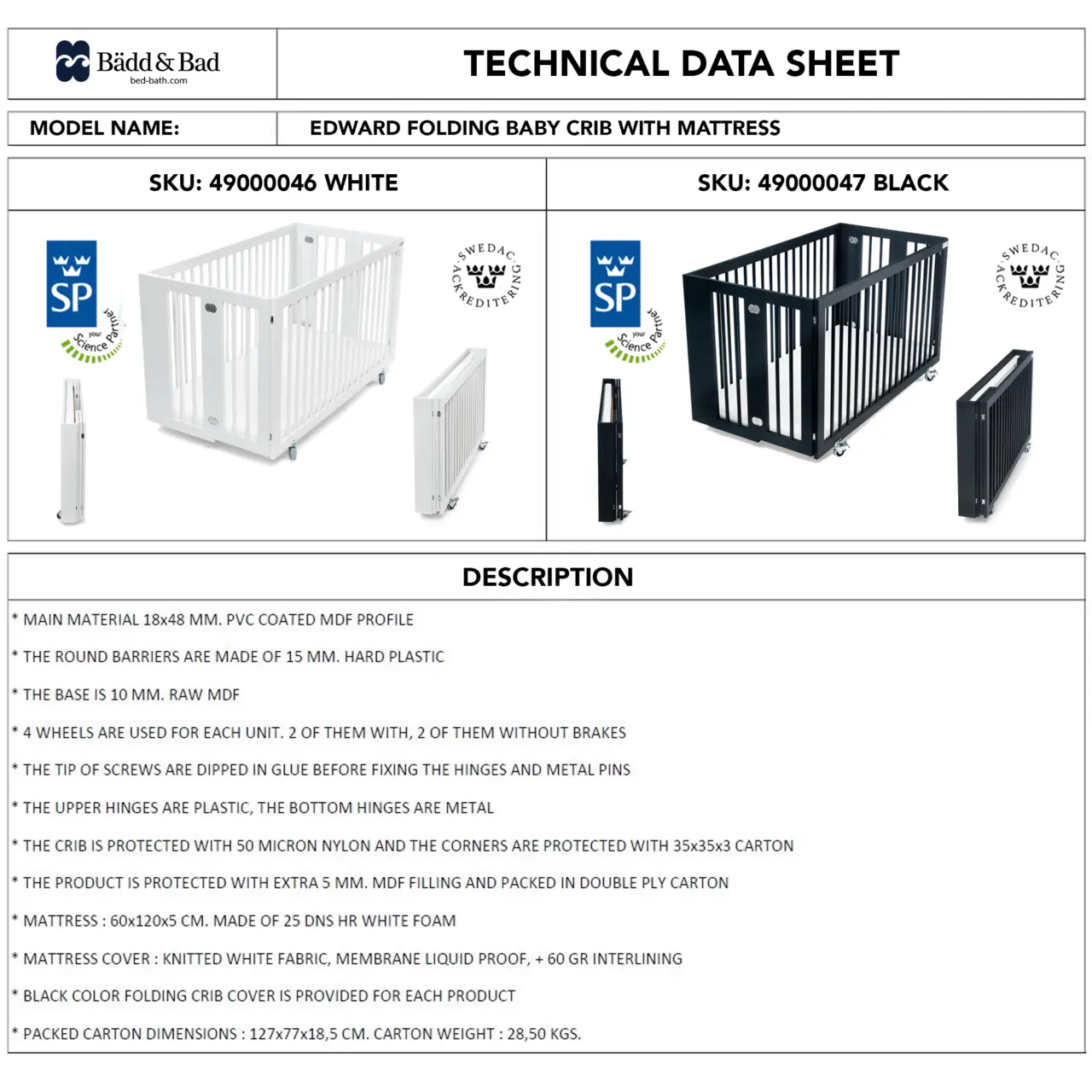 Crib Edward, EU certified through SP, Black