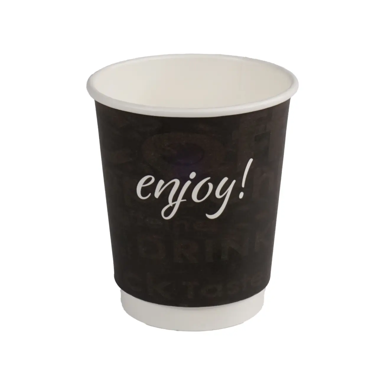 Take Away dubbelvägg pappersmugg Enjoy! 23 cl, Svart med dryckesmotiv