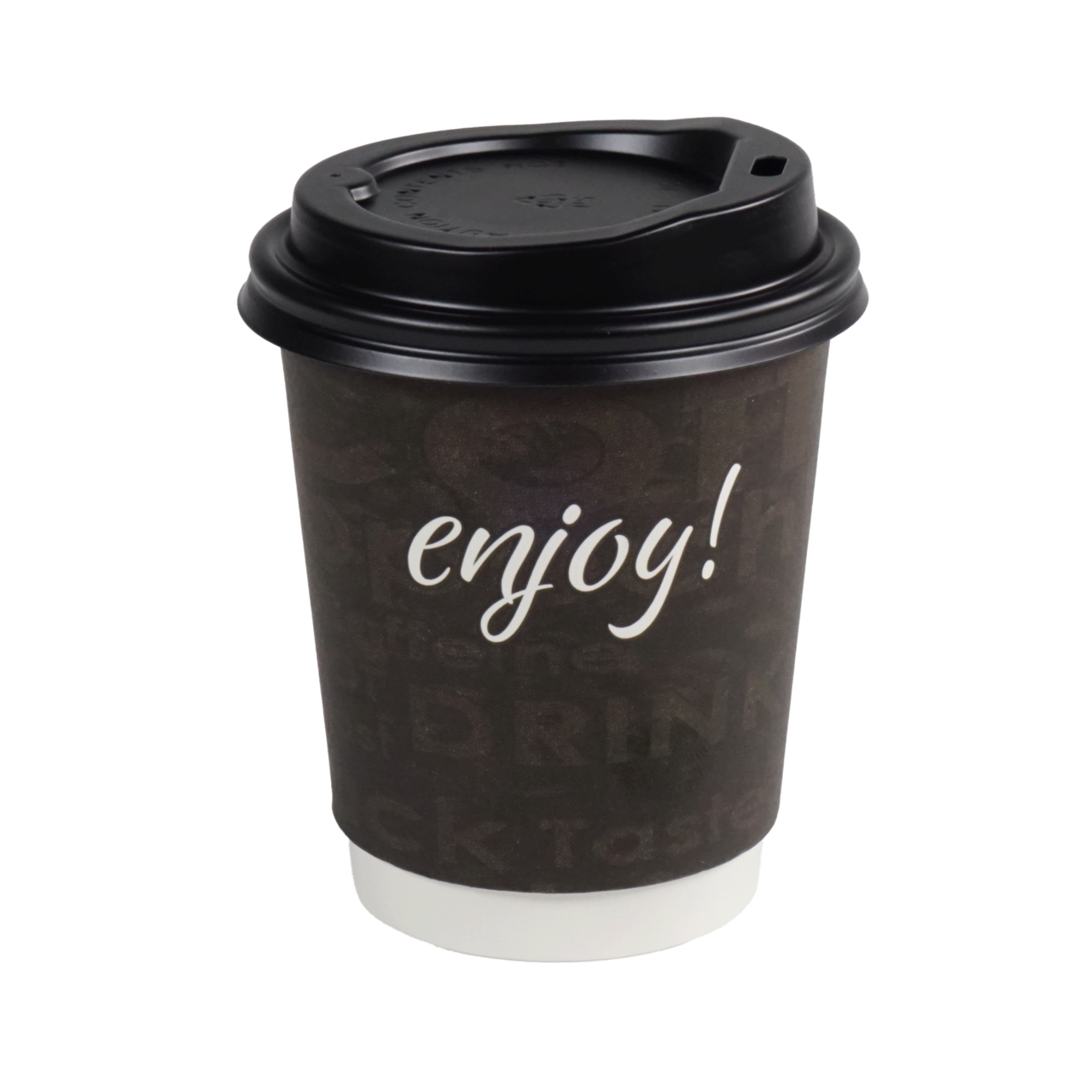 Take Away dubbelvägg pappersmugg Enjoy! 23 cl, Svart med dryckesmotiv